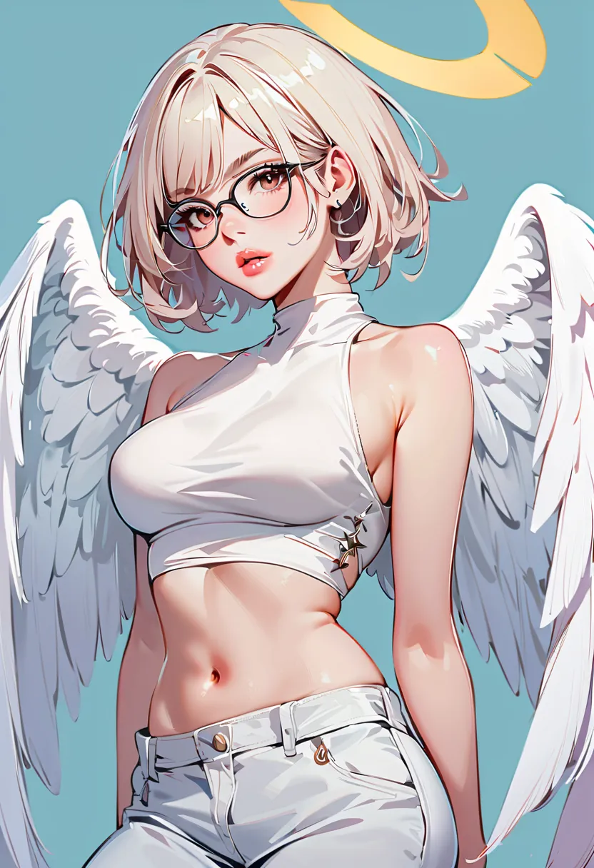 1girl, wings, solo, short_hair, glasses, navel, pants, breasts, feathered_wings, angel_wings, looking_at_viewer, halo, midriff, white_wings, sleeveless, crop_top, medium_breasts, lips