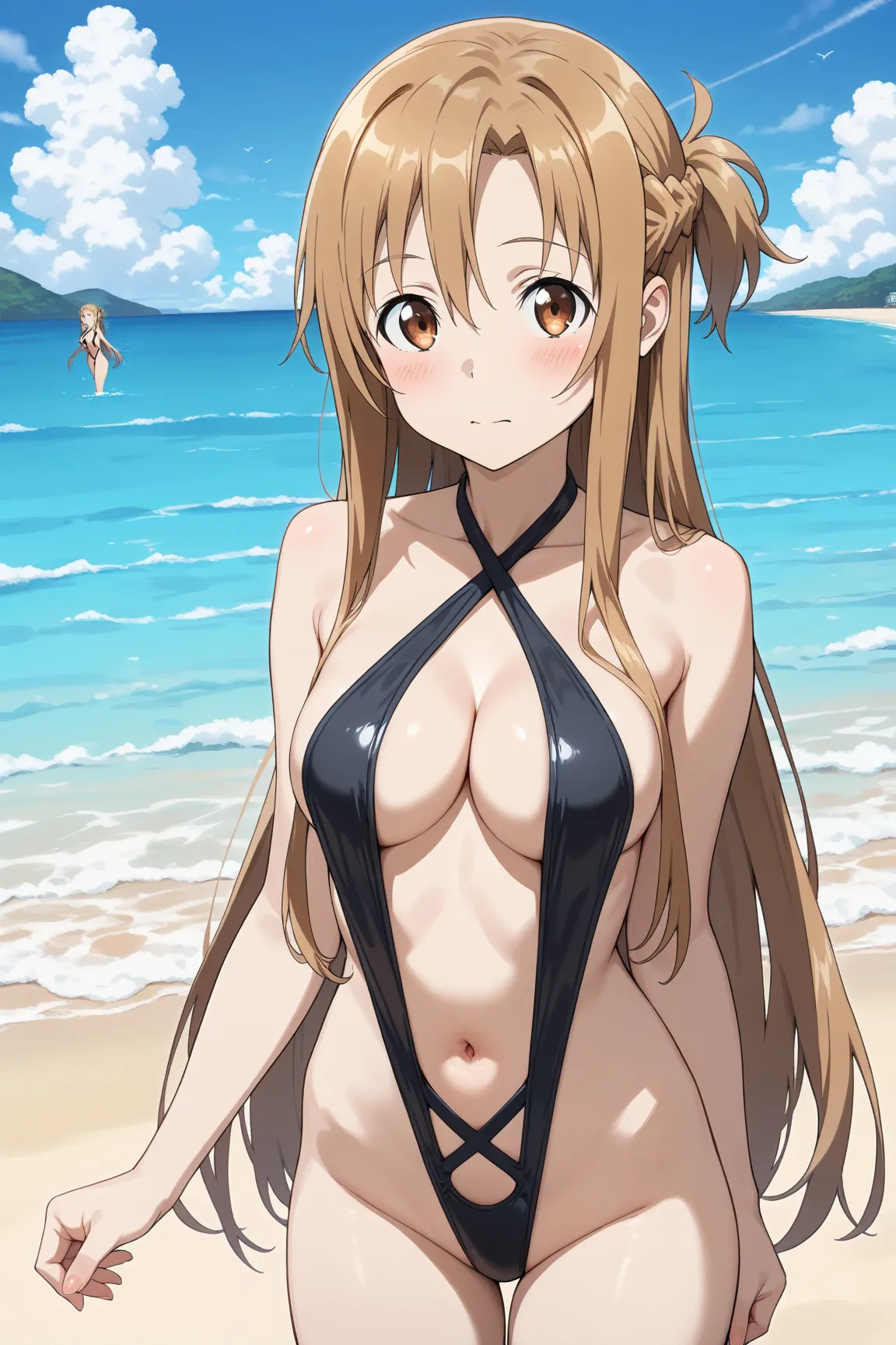 masterpiece,best quality,{{detailed beautiful face and eyes}}, very detailed background,
Yuuki Asuna,long hair,brown hair,bangs,hair between eyes,sidelocks,braided side,brown eyes,medium breasts,
((black swimsuit high leg swimsuit,slingshot swimsuit,criss-...