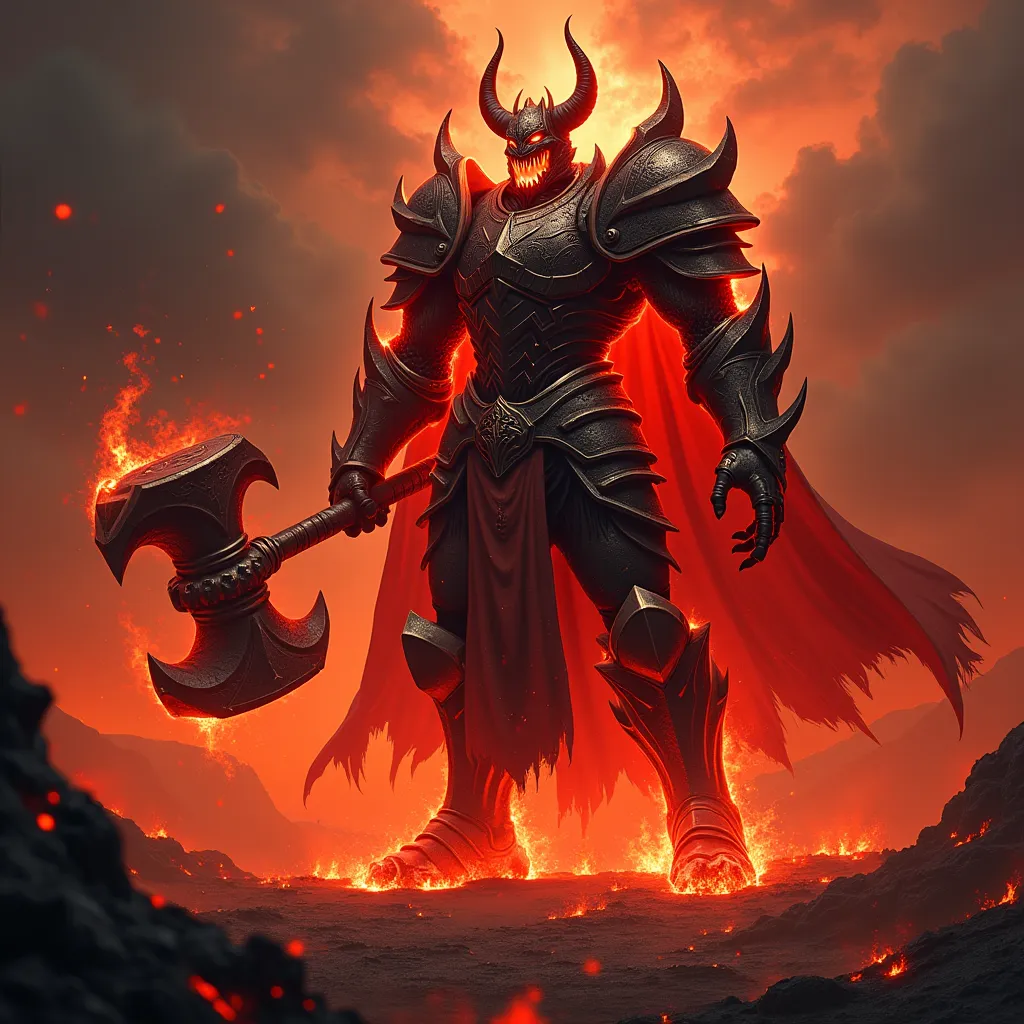 evil knight of wrath, with full fiery red armor and a warhammer