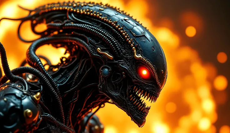 A detailed image of the face of a metallic alien creature. The creature is positioned on the left side of the frame (((in profile))), its head and upper torso are visible. Its head is angular and armored, with intricate and detailed textures, and its eyes ...