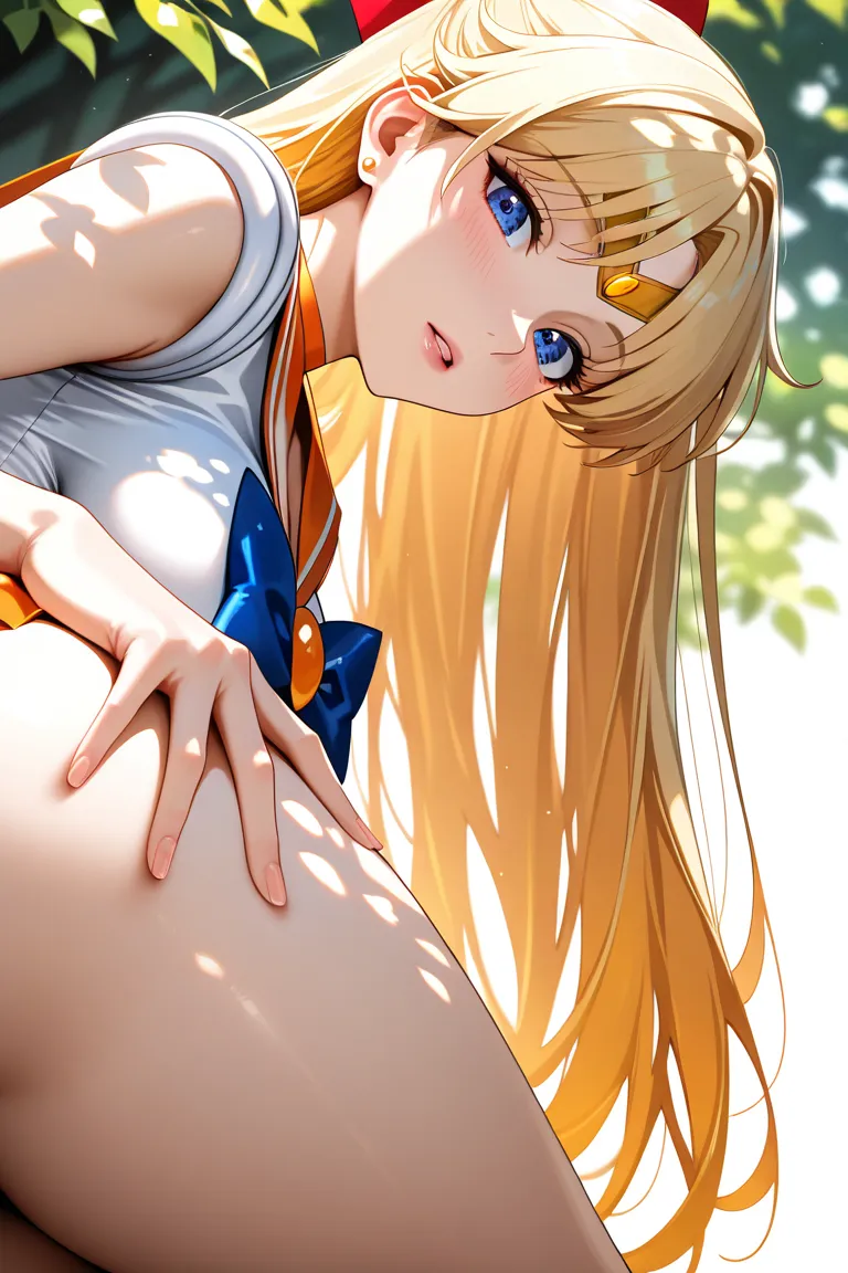 masterpiece, best quality, amazing quality, very aesthetic, high resolution, ultra-detailed, absurdres, newest, 1woman, solo, sailor venus, (sailor venus costumes), breasts, large ass, thick thighs, head tilt, leaning forward, looking at viewer, parted lip...