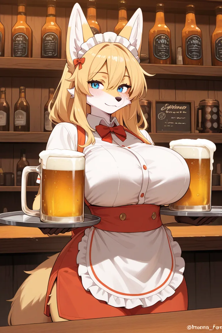 Furry woman fox, in bar, waitress costume, tray in hand, on tray large mugs of beer