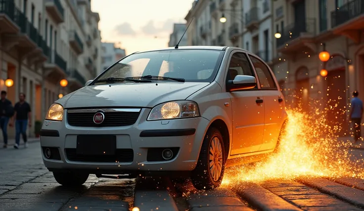 Create a hyper realistic image of a traffic accident with a Fiat Mobi model car with sparks of fire coming out of the hood, on a street in a Brazilian city with few people around looking perplexed and scared