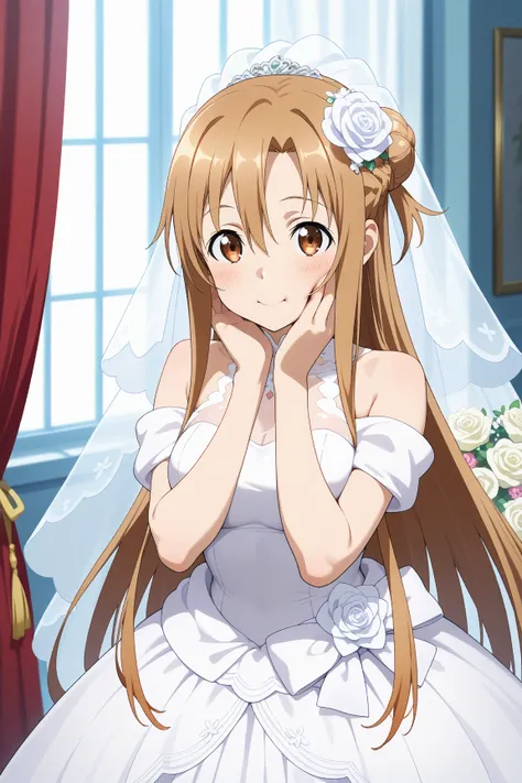 masterpiece,best quality,{{detailed beautiful face and eyes}}, very detailed background,
Yuuki Asuna,long hair,brown hair,bangs,hair between eyes,sidelocks,braided side,brown eyes,medium breasts,
1girl,hairstyle: (wedding bun:1.2)
Outfit: (wedding dress,in...