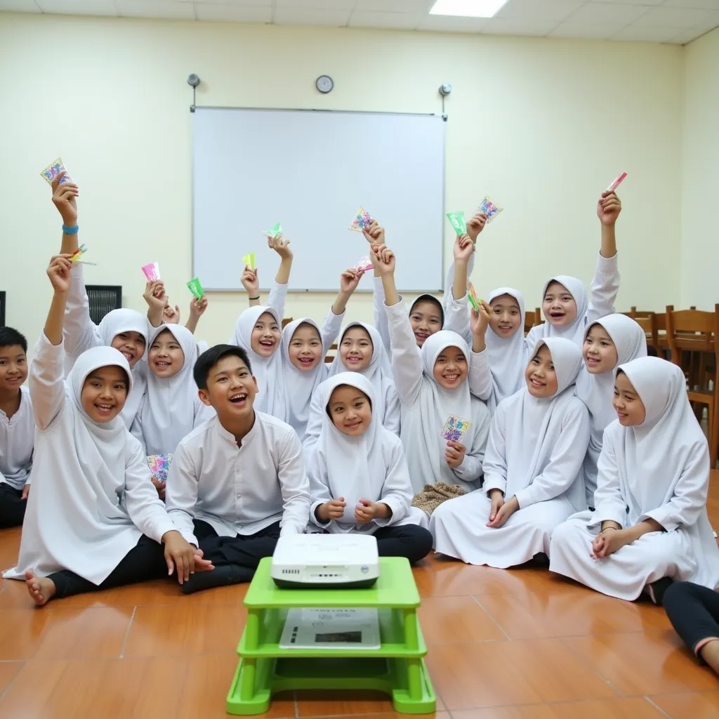 A vibrant and joyful gathering of Indonesian ren, sitting on a clean wooden floor inside a spacious hall with white walls. They are dressed in traditional Islamic attire: boys wearing white koko shirts with peci caps, and girls in white hijabs and long dre...