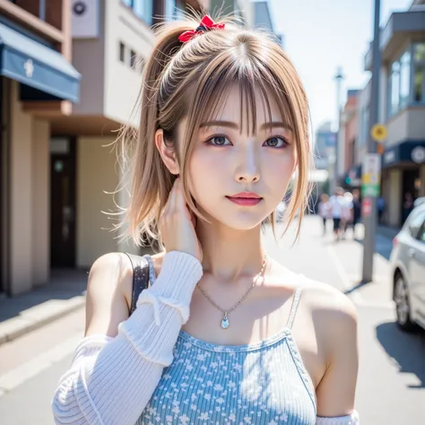 ((8K wallpaper)),((blond hair)),((short ponytail in tunic)),((big breasts,Big Breasts)),((dark eyeshadow pink with dark orange lipstick)),(( beautiful Japanese girl)),((Intelligent Glasses)),((street corner background )),((colorful manicure for nails)),((e...