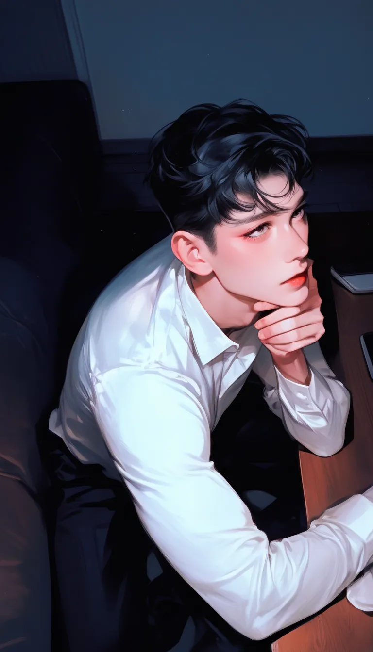 night，Night lighting，color scheme is monotonous，comics，A male， black hair， room，lying on the table，Hand on chin， sit-up position on a chair sofa，Head perspective ，look up，Melancholic，is not in good condition ，white shirt，