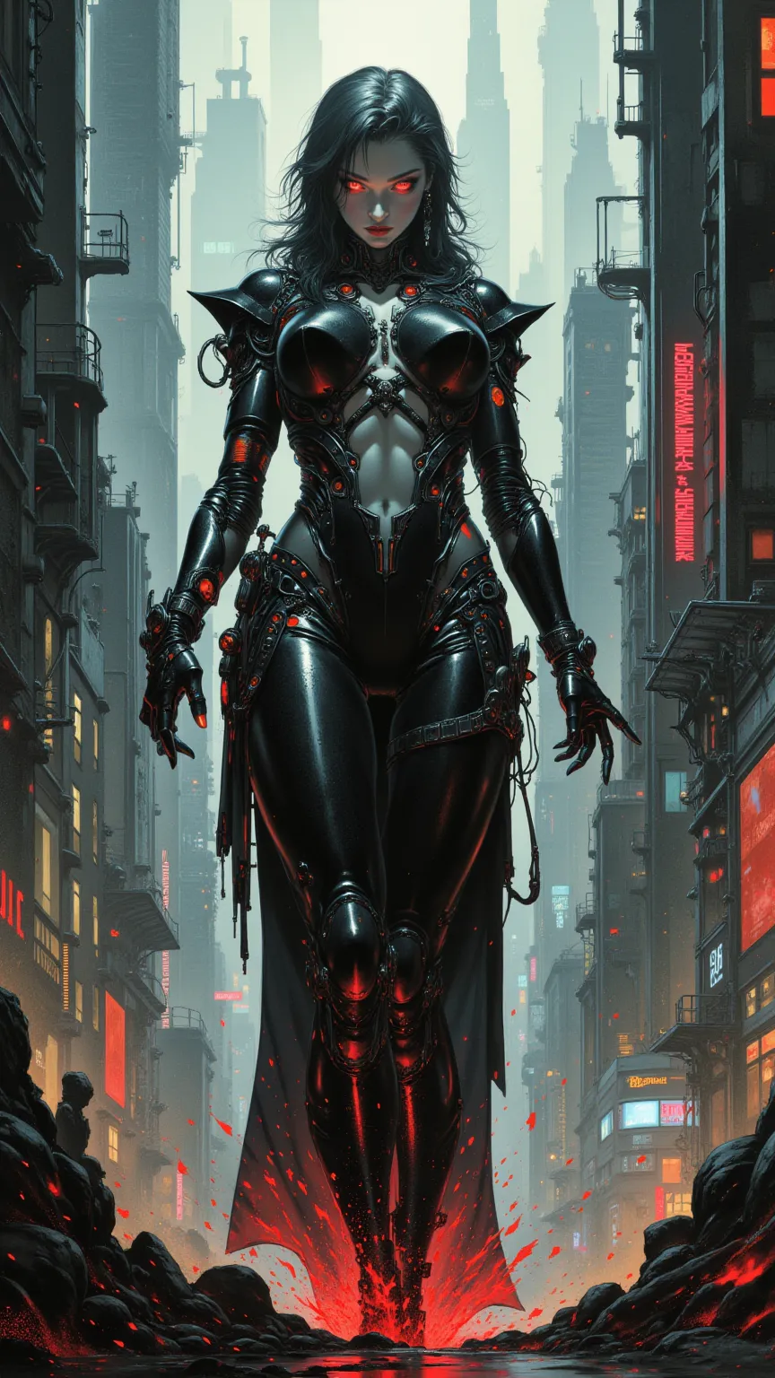 full body, cyberpunk woman，fear ，Wayne Reynolds draws，in a highly detailed and dynamic style, 