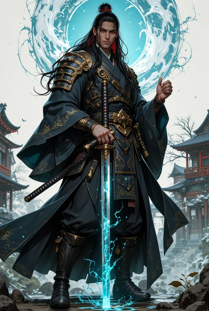 human male fantasy japanese samurai with very long black with red tips, holding a long katana with a blue blade, wearing a nagagi kimono and black pants