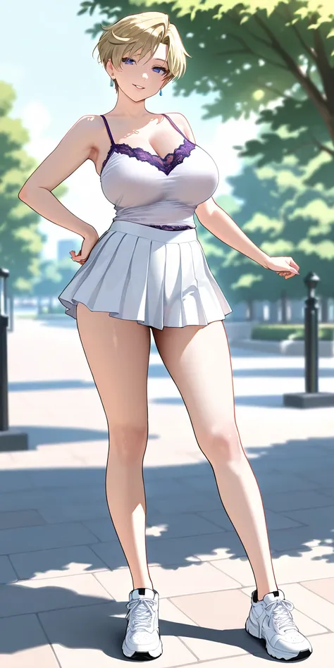 Masterpiece, newest, vibrant, very aesthetic, high contrast, mature woman, haruka tenou\(sailor uranus\)short hair, tall, big breast, white camisole, purple lace, white pleated mini skirt, white sneakers, full body, parted lips, smile, park, best quality, ...