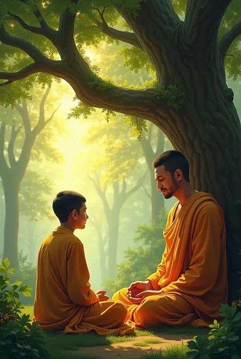 "A realistic digital painting of Gautama Buddha and his disciple sitting under a large tree in a peaceful forest. Buddha is depicted in saffron robes, sitting in a meditative posture with a calm and wise expression. His disciple, also in simple robes, sits...