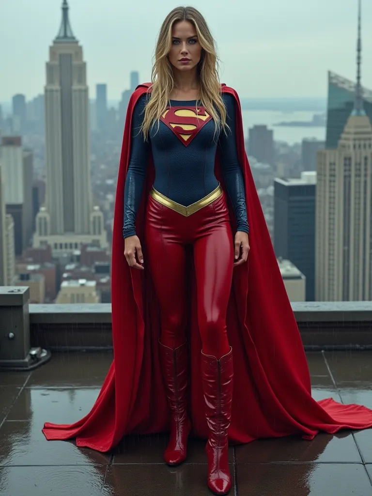 Supergirl Gal Gadot in wet Supergirl costume,  deep V-neck, tight red wet leather pants, red golden high-heeled wet leather boots, splashing water from the side, long wet blonde hair, big breasts xxl, Super sexy supergirl sign on the front of the costume, ...