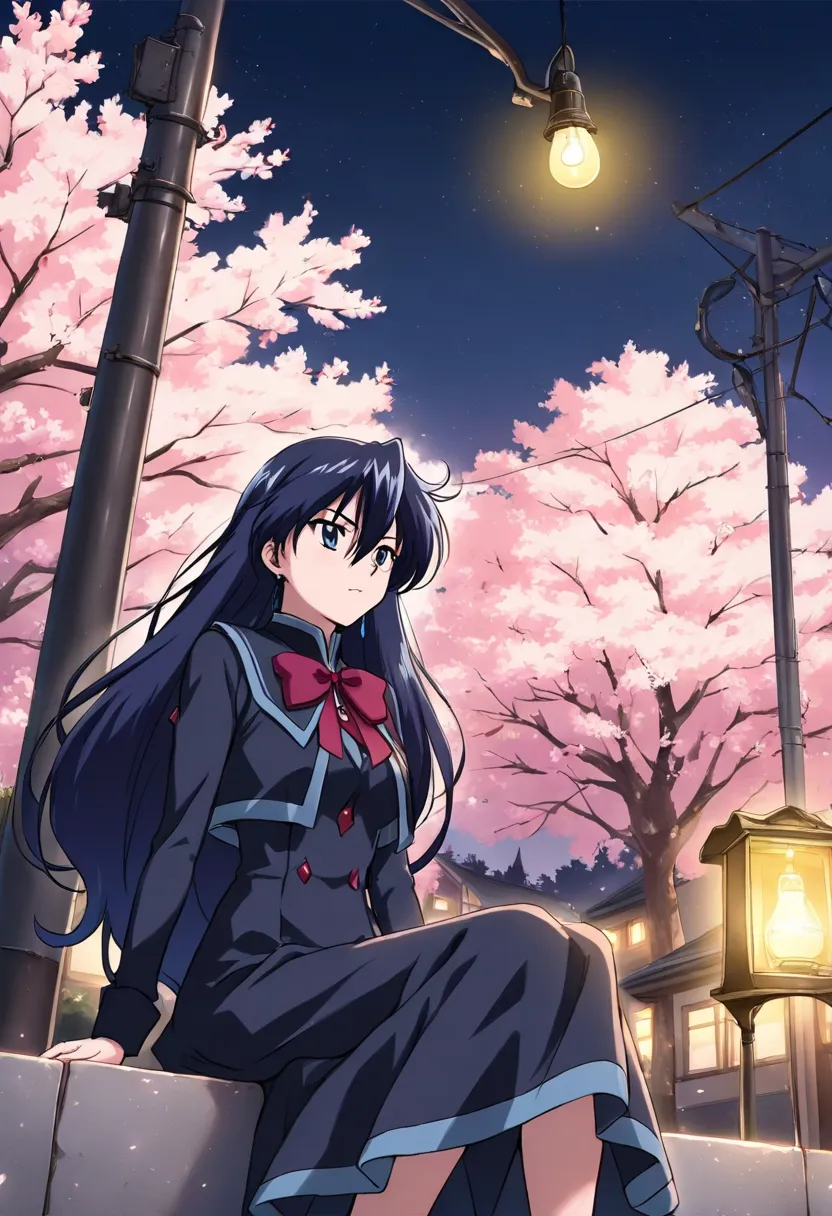 (best quality:1.2),Cheonjo-in Katsura，Blue Hair，Under the cherry blossom trees，, Under the dim street lights, (midnight),yellow light bulb light on a telephone pole, darkness