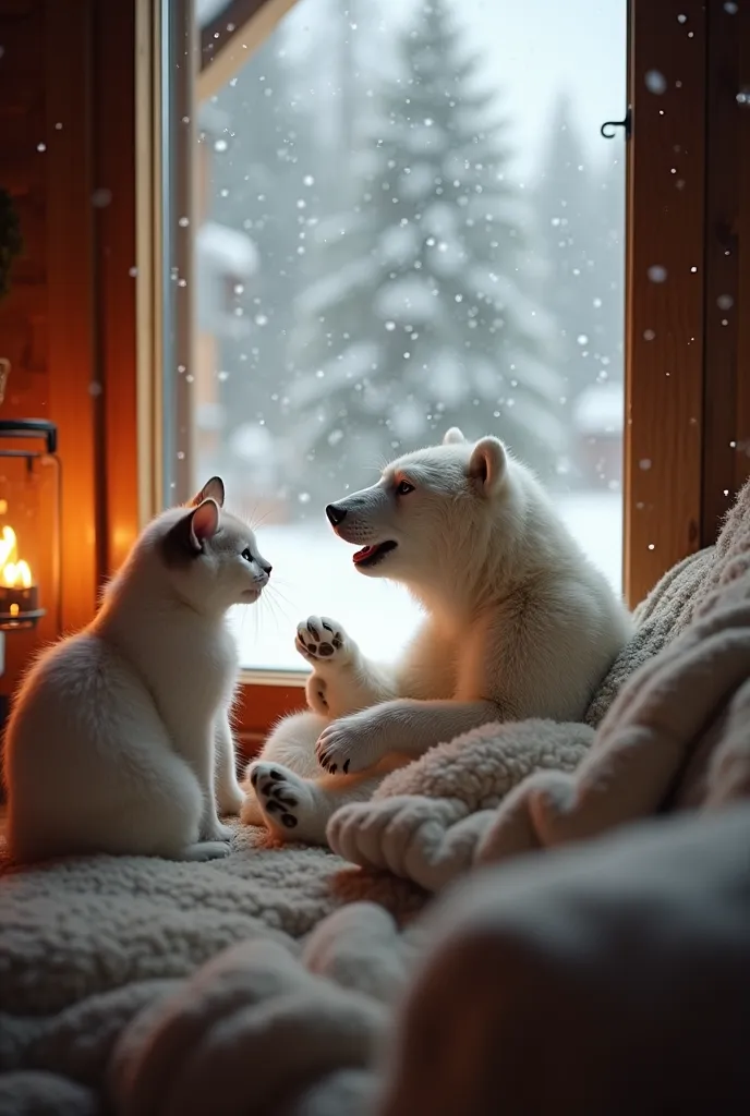 
**Create a heartwarming short video:**
**Scene:** A cozy Swiss mountain house, with a warm and inviting interior. A rustic fireplace crackles, and a comfortable sofa sits in the corner, with a beautiful cat snuggled up in a blanket. Outside, a heavy snowf...