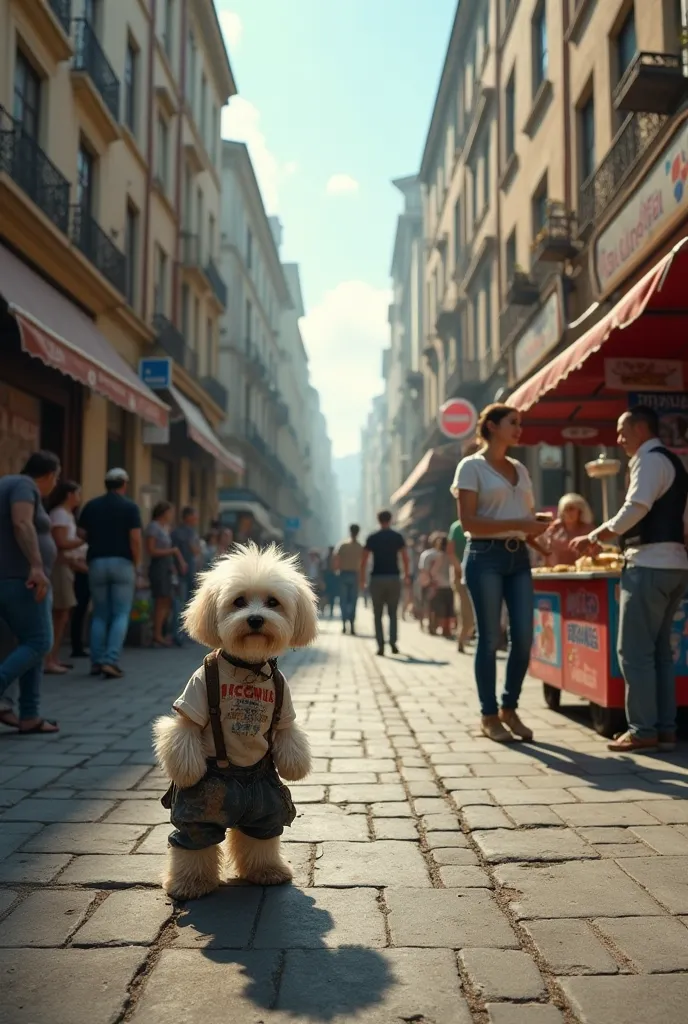 A realistic urban street scene with tall buildings in the background, their facades showing signs of age and wear. People walk along the sidewalks, engaged in daily activities, some browsing small street stalls while others converse. In the foreground, a s...