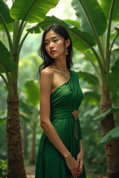 A woman in a green Thai dress in a banana tree