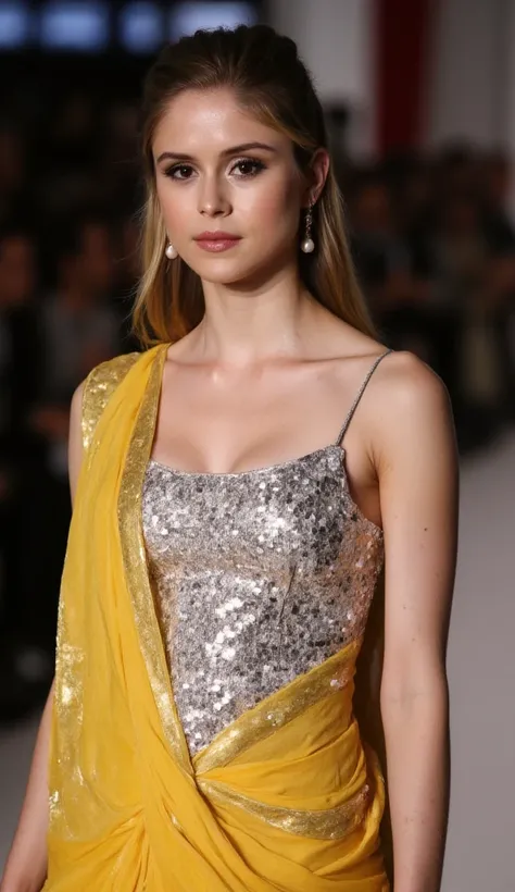 Generate a ultra realistic close up image of a woman in a golden yellow sequins sleeveless saree. She is wearing a silver shimmering blouse with mirror sequins. It has no sleeves, has a silver satin finish with spaghetti straps. Face and body facing straig...