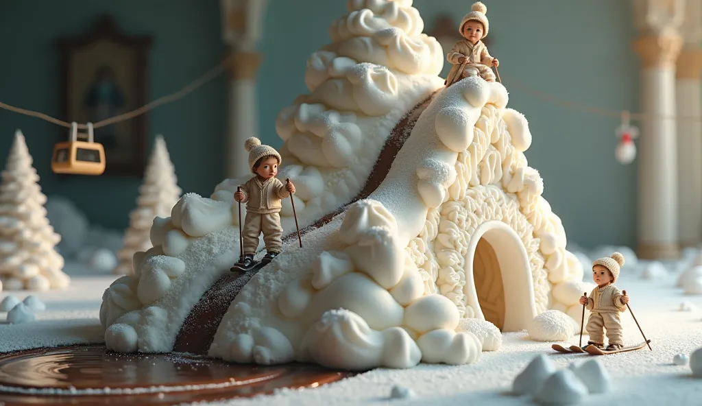 A hyper-realistic, cinematic 4K HDR scene of tiny people skiing down a giant white creamy cake, weaving between thick layers of frosting. A miniature cable car transports them to the top of the cake, gliding smoothly along delicate sugar-coated wires. As t...