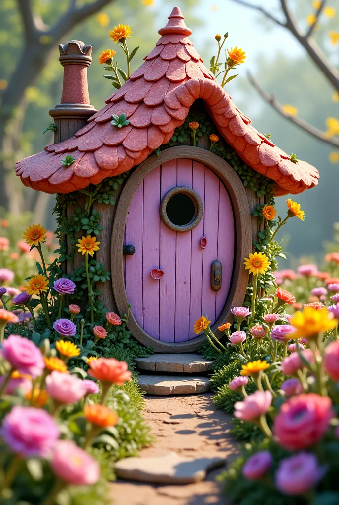 A flowers house with door made of petals in the middle of colourful garden 