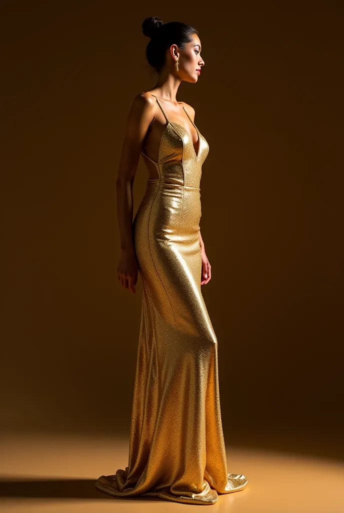 floor-skimming, shimmery gold slip dress with barely-there straps. The bodice dips low between her breasts, clinging to her like a second skin