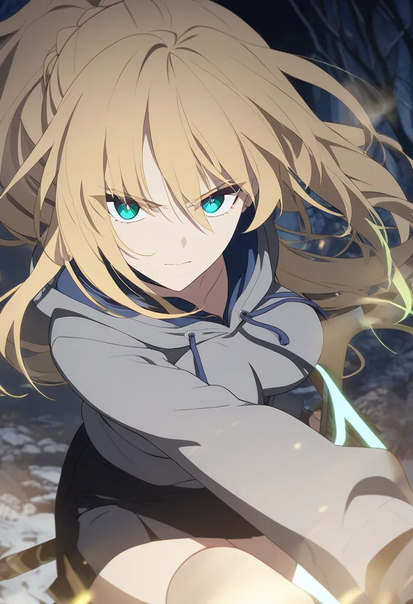 1female, beautiful face, mature woman, firm breasts, blond hair in a ponytail, long hair, detailed eyes, detailed pupils, bright green pupils, beautiful woman, Artoria Pendragon Ruler ((Fate)), Wearing a gray hoodie, black mini skirt, black thigh-high sock...