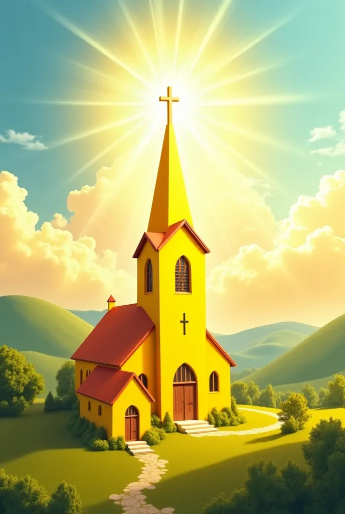 Draw a yellow church and a house away from the church and play Our Lady in the Star 