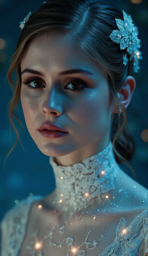 Generate a ultra realistic close up image of a woman in Starlight dress.