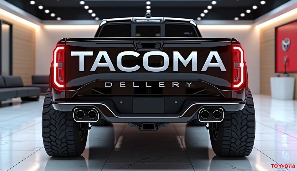 Create an ultra-detailed 3D render of a futuristic luxury hybrid pickup truck designed for 2035, showcasing a bold and aerodynamic back  bumper design. The truck’s back bumper features sleek LED tail lights integrated seamlessly into the design, with the w...