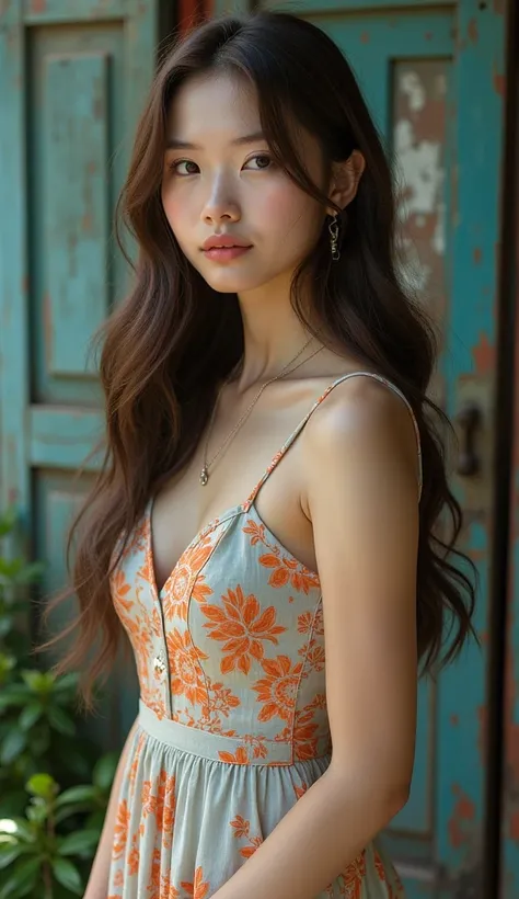 The photography style is very complex and detailed. It shows a beautiful female model with a thin necklace, porcelain pale skin, long wavy brown hair, lovely and charming face, plump bust, and a sleeveless dress with orange and light blue patterns. It is a...