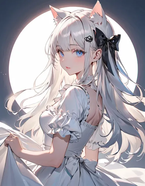 (Silhouette Art)),(highest quality),(Masseter muscle area), delicately drawn face ,a girl with a beautiful face, beautiful detailed blue eyes ,White Lolita Fashion,((  Beautiful Detailed White Costumes for Viewers)),(  Beautiful Silky White Hair  :1.2),Bla...