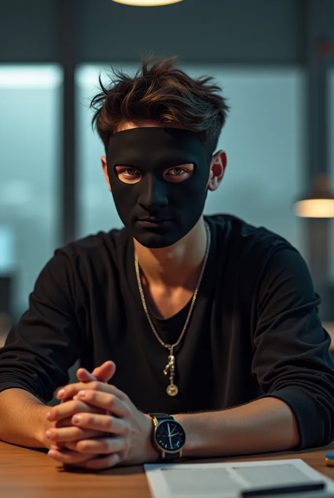 A young man sitting at a desk with his hands above each other wearing a full face mask, a watch and a necklace 