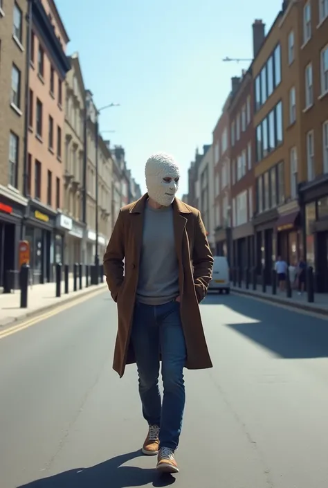 Walking on the road in the sunny weather in London and having a snow mask on his face 