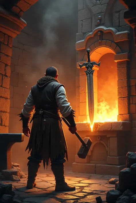 create detailed realistic mage of a medieval fantasy  forge with smith making a sword