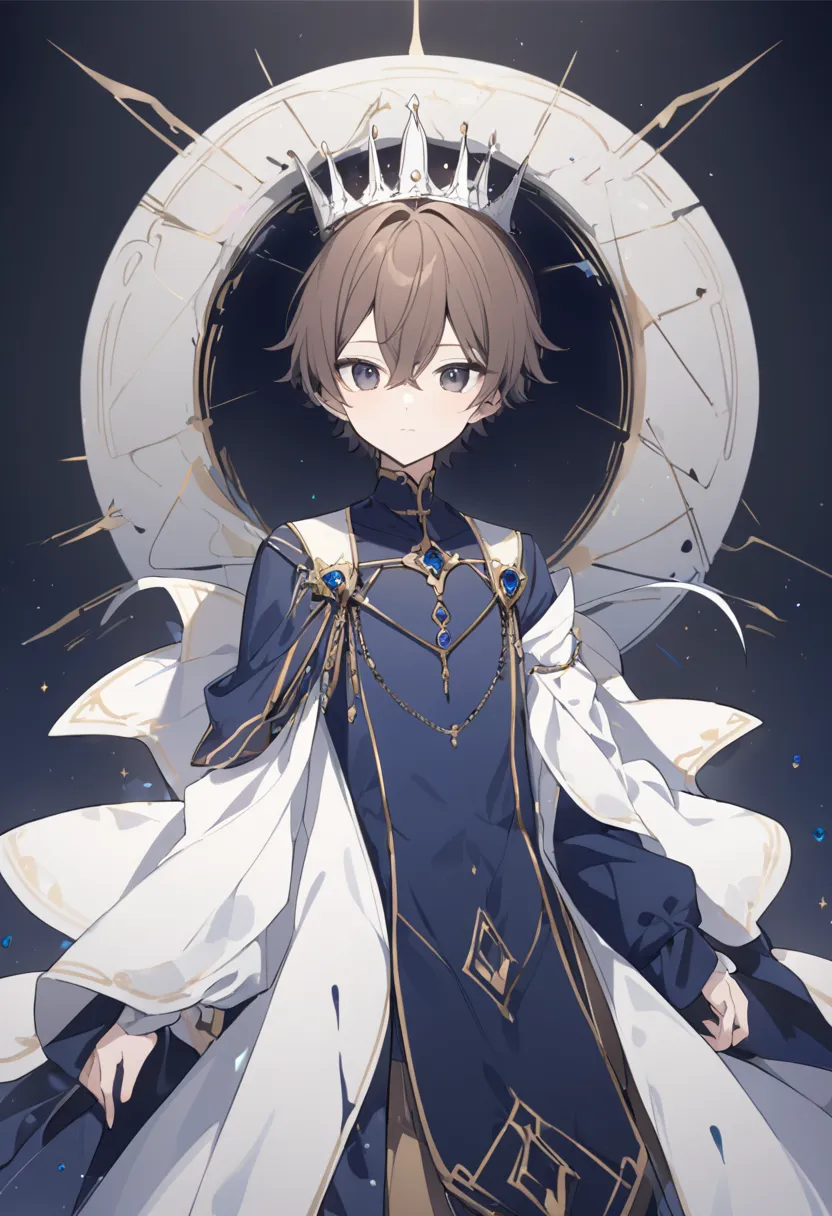 A slender young prince with brown hair, dark eyes, fair skin, dark blue tunic, white crown with a blue gem In the center, 