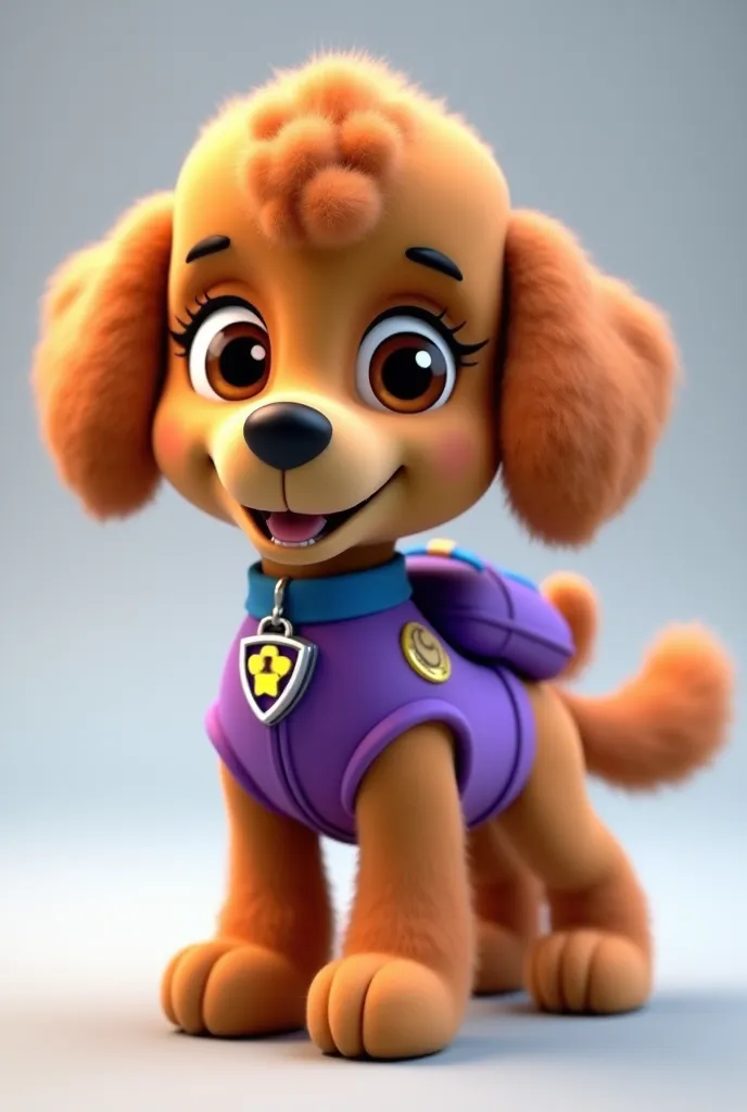 A male Paw Patrol poodle puppy with reddish hair and brown eyes with a blue collar and a purple uniform on