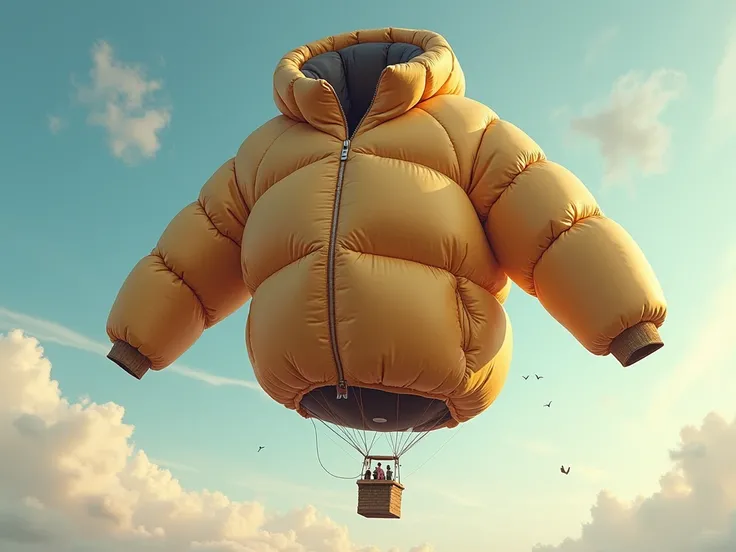 There is a hot air balloon in the shape of a huge down jacket flying in the sky --chaos 55 --stylize 650 --style raw --style raw