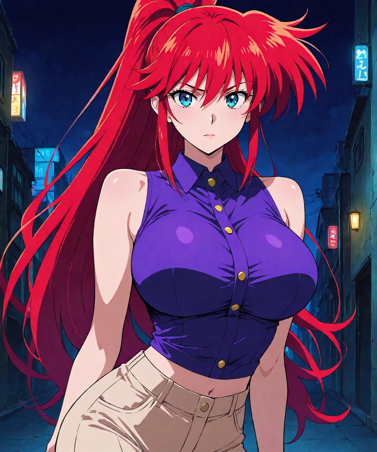 masterpiece, best quality, 1girl, solo, beautiful sexy anime girl with very long red hair ponytail & blue eyes, wearing purple sleeveless button up collared crop top & beige pants, at a dark urban backstreet, dark night sky