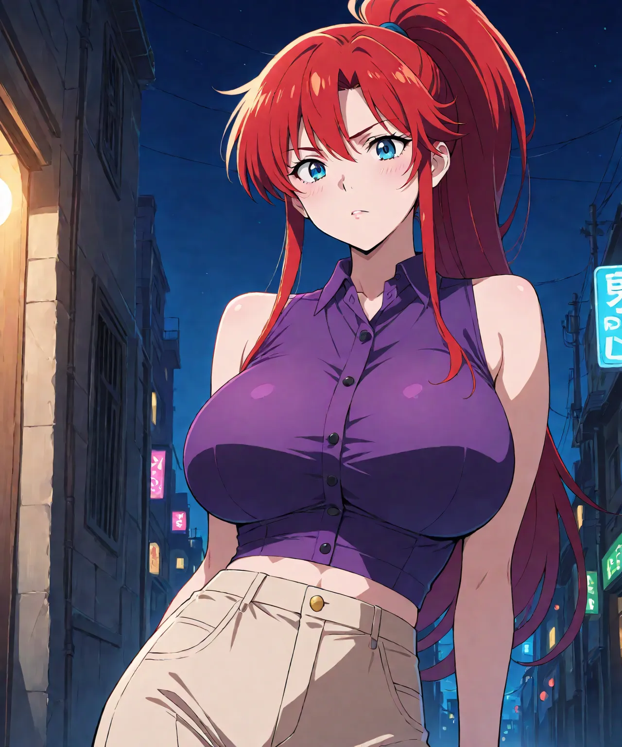 masterpiece, best quality, 1girl, solo, beautiful sexy anime girl with very long red hair ponytail & blue eyes, wearing purple sleeveless button up collared crop top & beige pants, at a dark urban backstreet, dark night sky