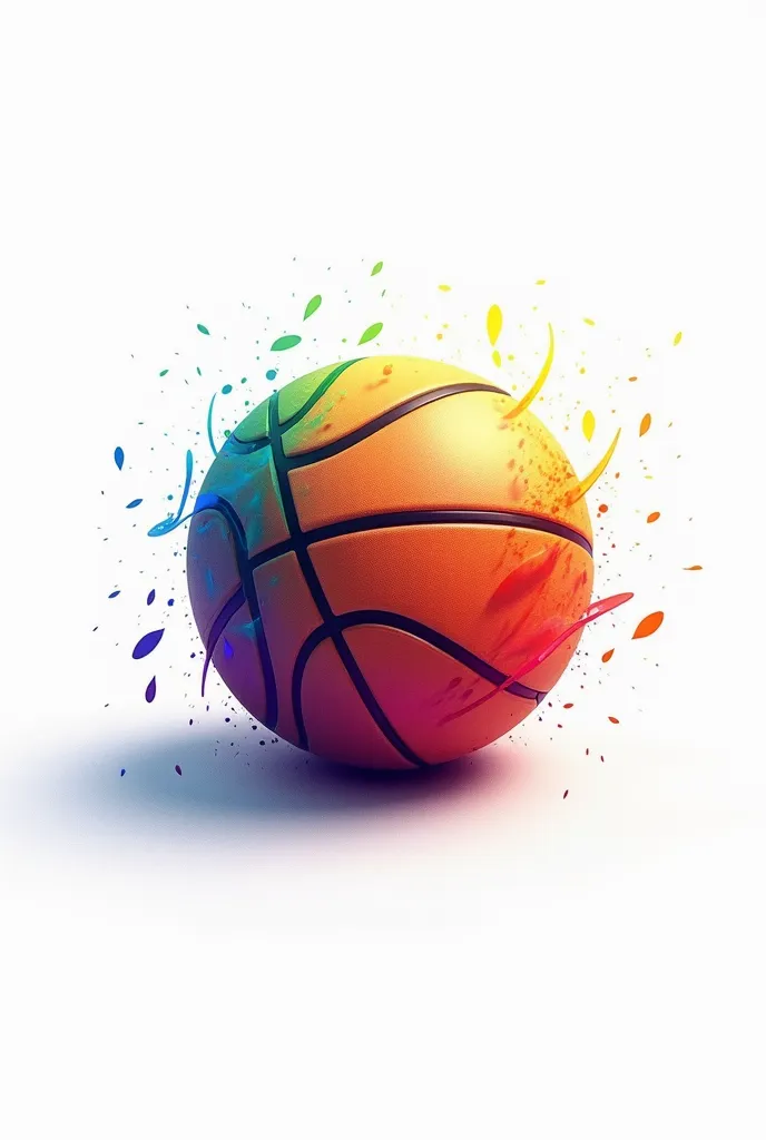 A basketball sprinkled with flashes of colors, with white background, Style 2d