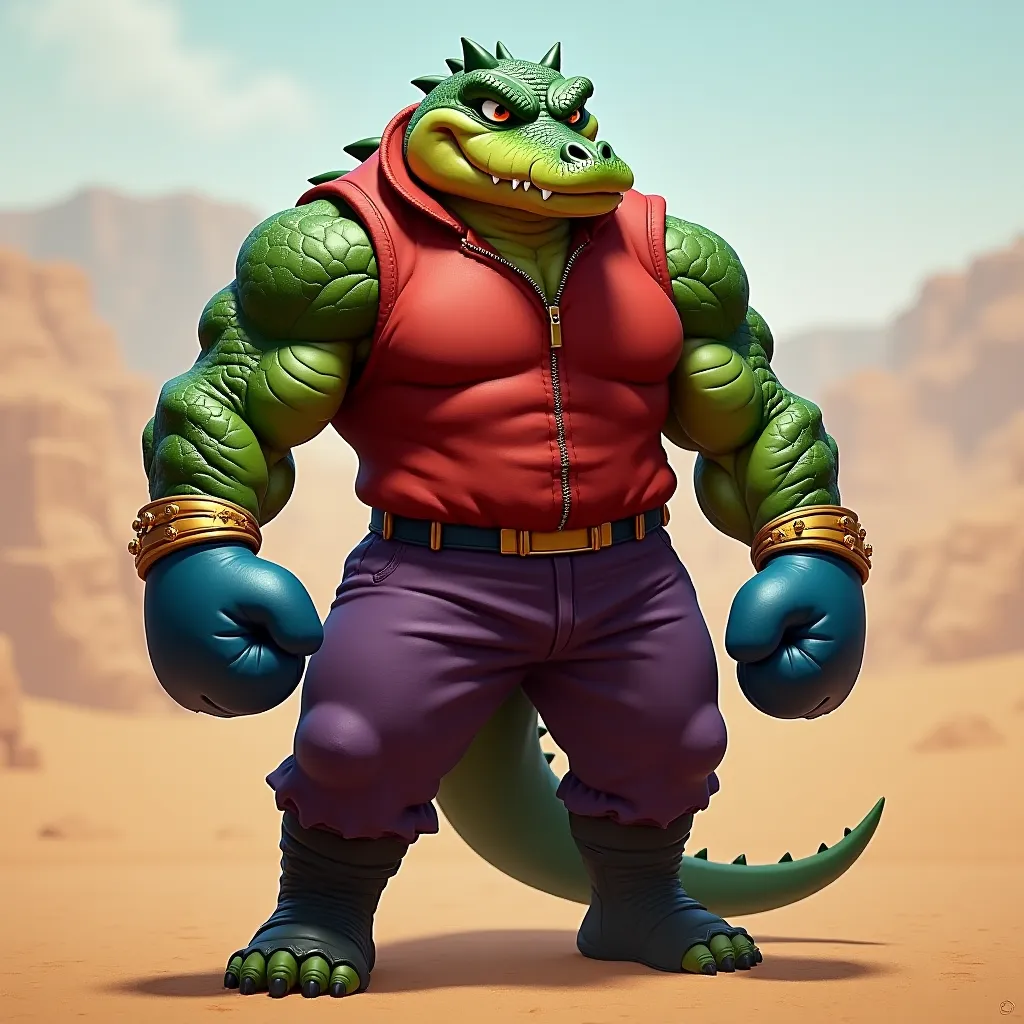  Green muscular crocodile furry jock in gold bracelets, wearing black boots , purple pants, in a red sleeveless zip-up sweater, wearing blue boxing gloves stands against the backdrop of the desert