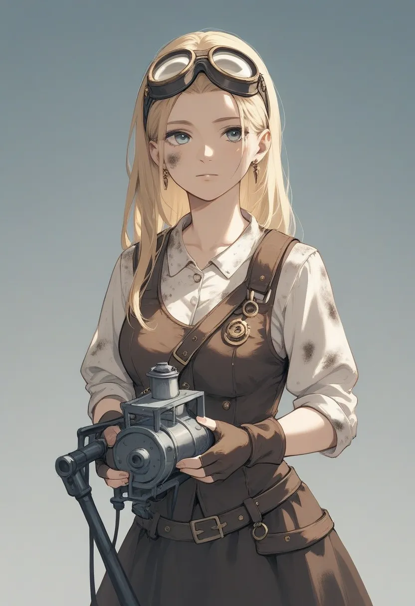 Pin-up Image is a cartoon artwork. A steampunk blonde woman donning goggles on her head, clad in a dirty cropped t-shirt, holding a big spanner, smoky forge on background. This captivating image is  masterfully captures the essence of a steampunk world. Ev...