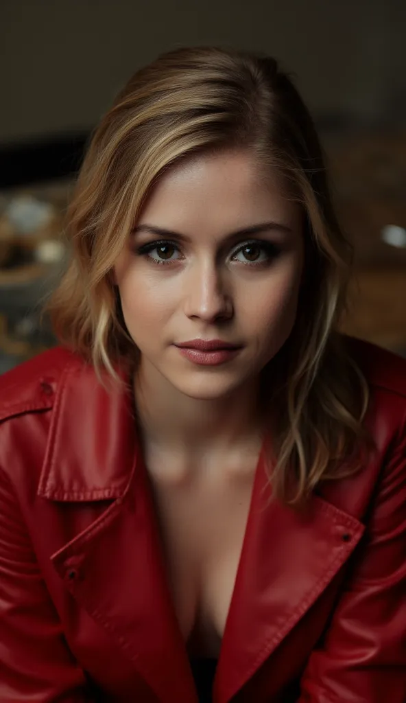 cinematic photo of borse  an actress, face closeup front, sitting, red leather jacket, .35mm photograph, film, bokeh, professional, 4k, highly detailed. Blurred background. Wearing lipstick. Little cleavage shown. Face illuminated directly from flood light...