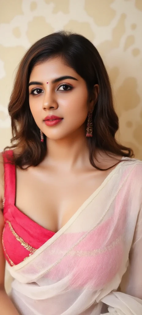  Looking at viewer, tight cleavage , A sexy girl with sexy tight cleavage ( is touching eachother )in body hugging stylish designer saree, young Indian wife, in a designer saree, soft silk plain baby pink and white saree with push up u cut deep neck plain ...