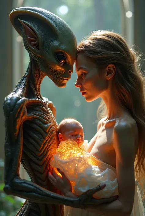 Photo of a couple of a male alien with a human female and with a baby of both