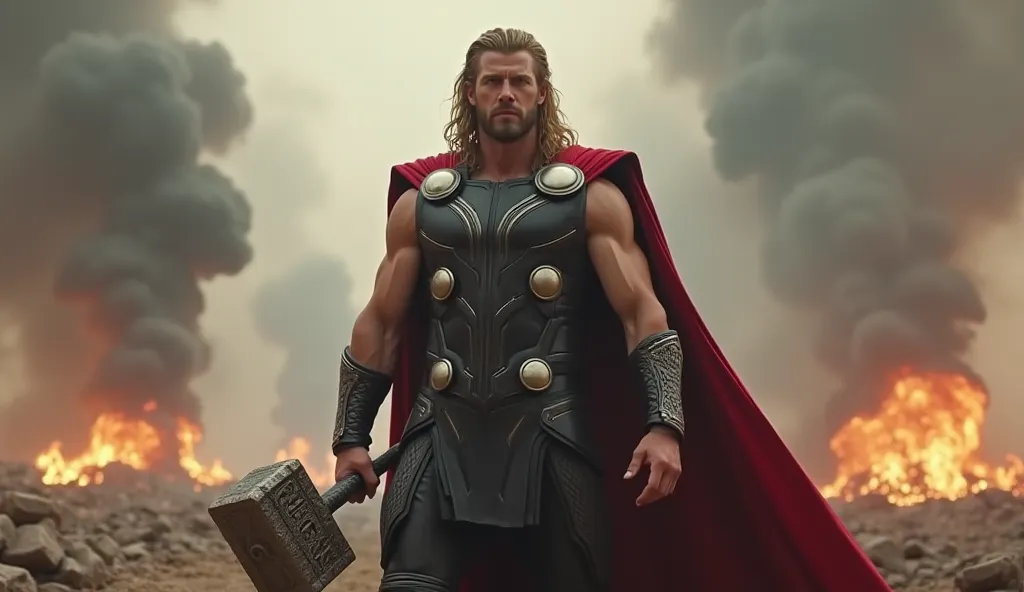 Chris Hemsworth as thor holding hammer and ready for war in battlefield, fire and ash everywhere. 