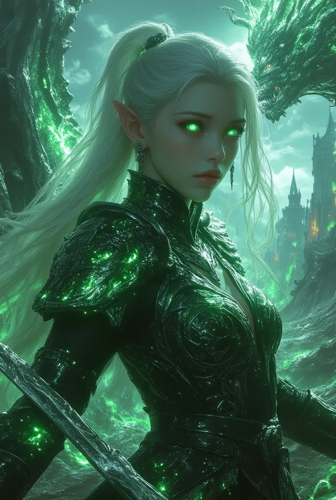 "A mesmerizing female elf hunter with ethereal silver hair and glowing green eyes, summoning magical energy to banish a monstrous demon. She wears an intricately designed battle robe with glowing runes, and her dual blades shimmer with celestial light. Her...