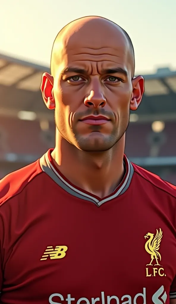 "A bald 30-year-old man with a strong facial structure and a confident expression. He is wearing a red Liverpool jersey with the club's logo clearly visible on the chest. The warm glow of the afternoon sun highlights his face, creating dramatic shadows aro...