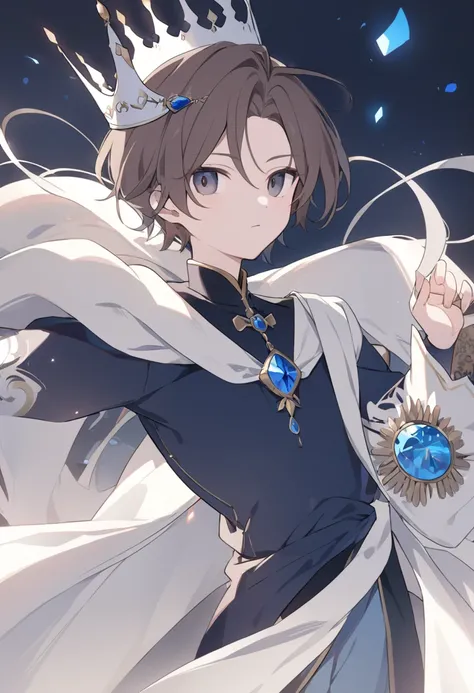 A slender young prince with brown hair, dark eyes, fair skin, dark blue tunic, white crown with a blue gem In the center, 