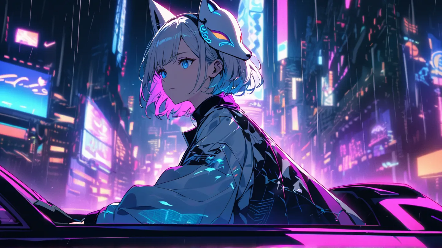 A mysterious and stylish young woman, Yuki, drives an open-top car through a neon-lit cyberpunk city at midnight. She has long, flowing silver hair and glowing icy-blue eyes, reflecting the vibrant lights around her. A sleek fox mask rests on her head, sli...