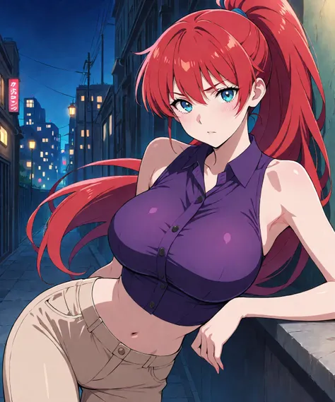 masterpiece, best quality, 1girl, solo, beautiful sexy anime girl with very long red hair ponytail & blue eyes, wearing purple sleeveless button up collared crop top & beige pants, at a dark urban backstreet, dark night sky